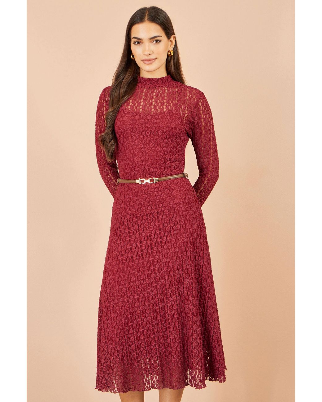Yumi' Red High Neck Lace Midi Dress