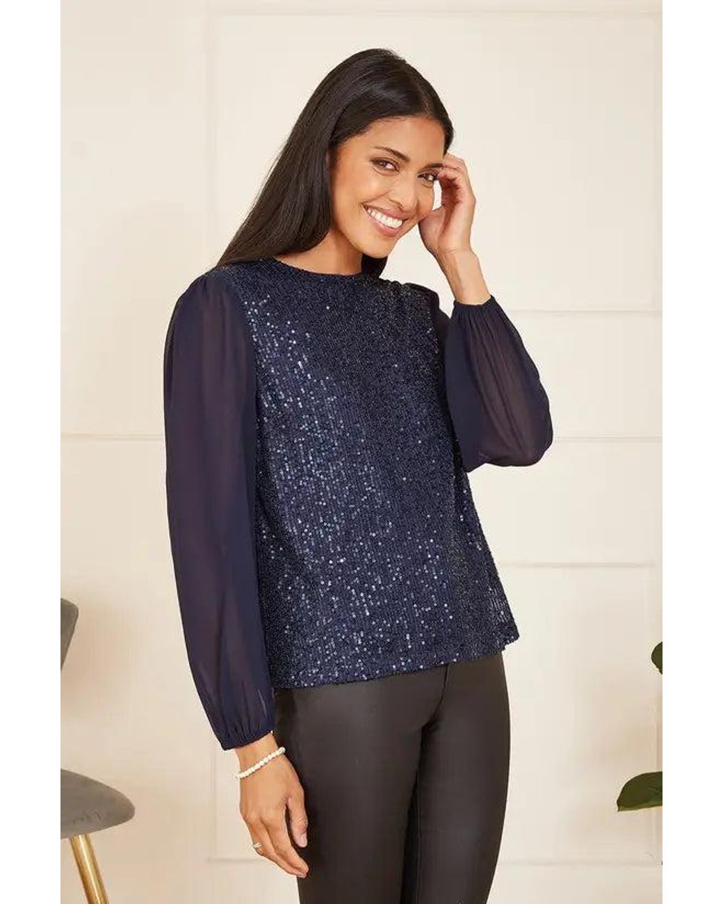Yumi' Blue Sequin Top With Sheer Sleeves