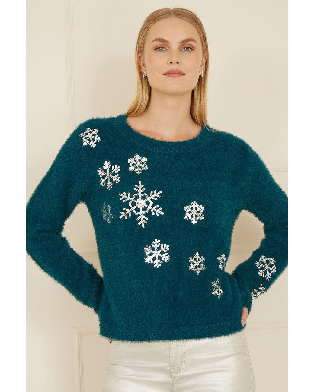 Yumi' Blue Sequin Snowflake Fluffy Jumper