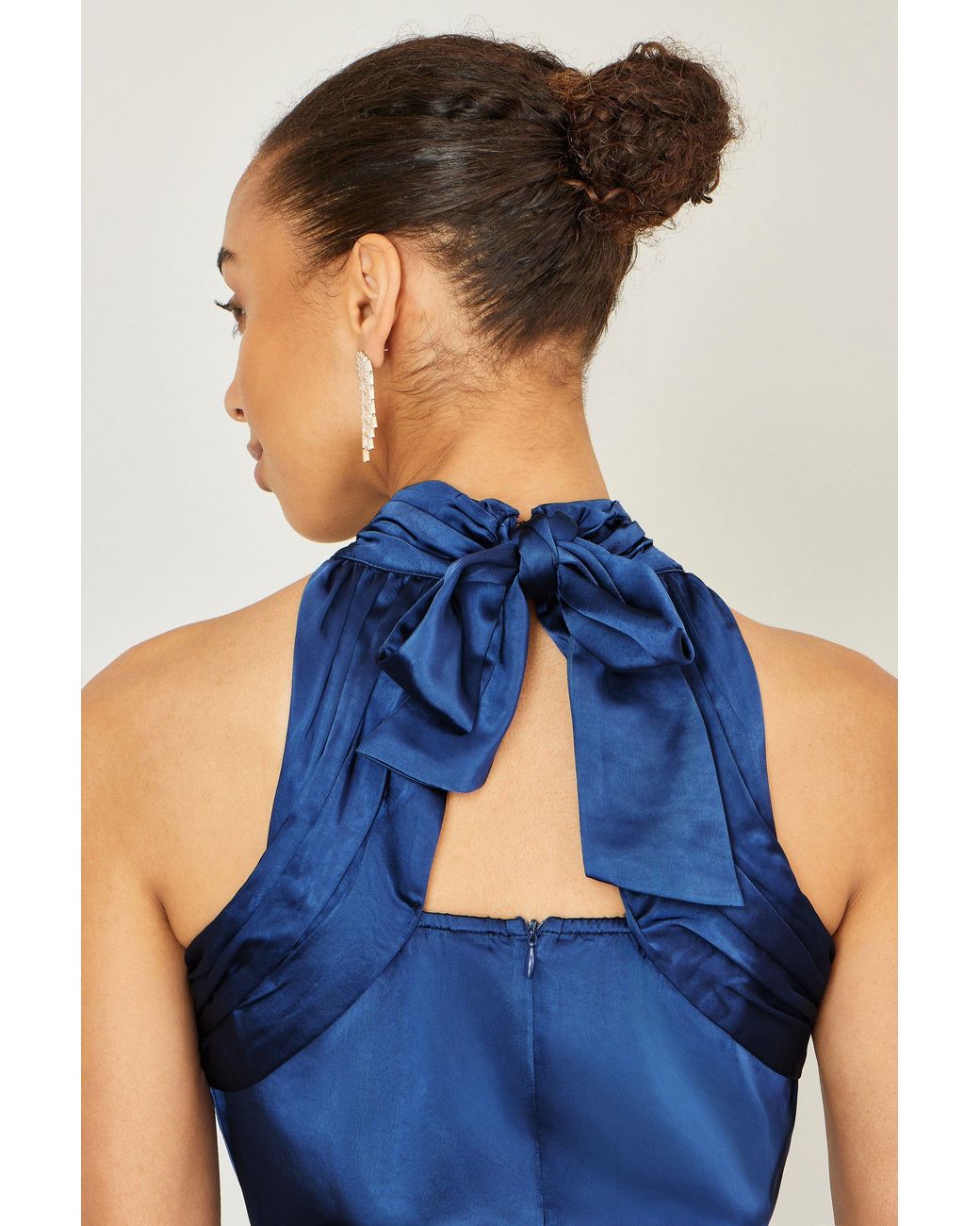 Yumi' Blue Satin Halter Neck Midi Dress