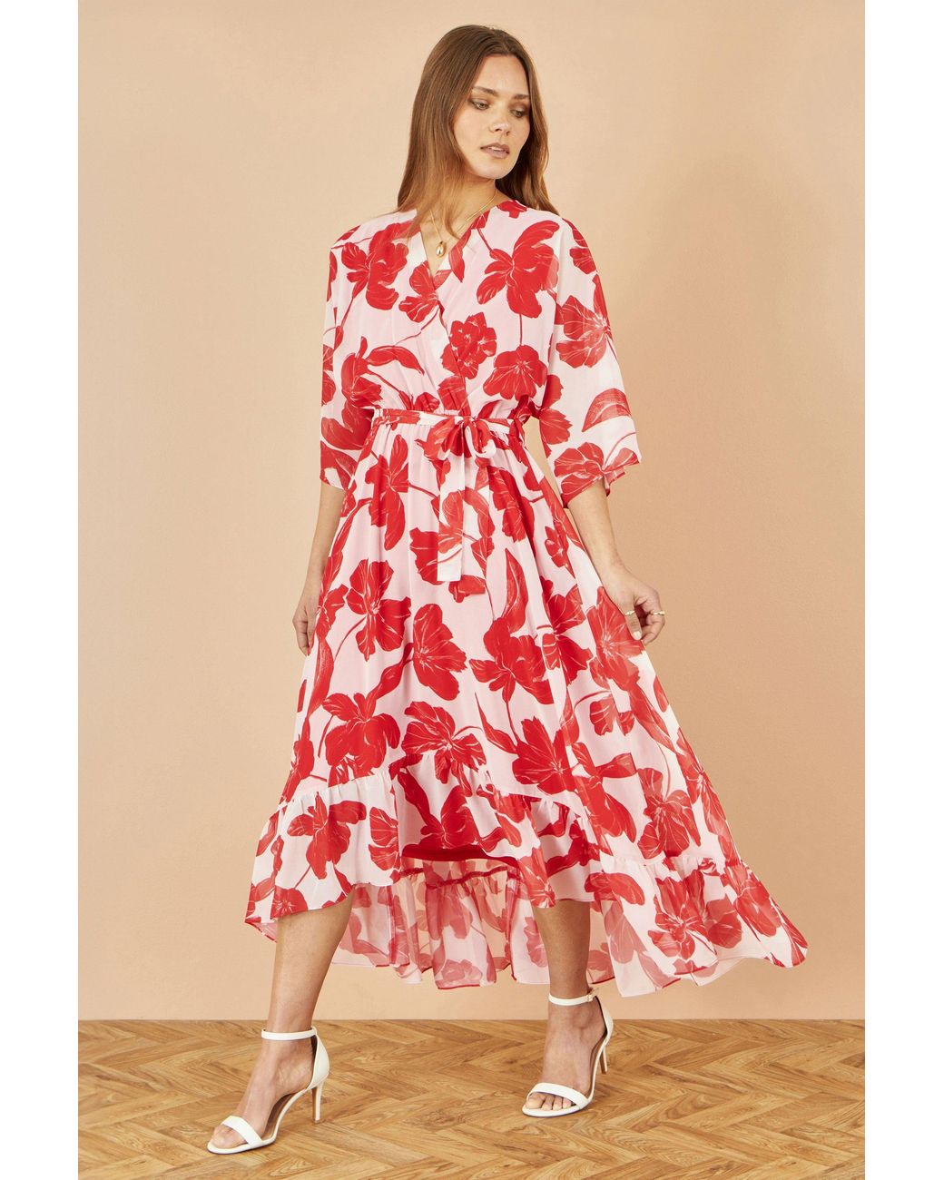 Yumi' Red Kimono Sleeves Dip Hem Wrap Midi Dress