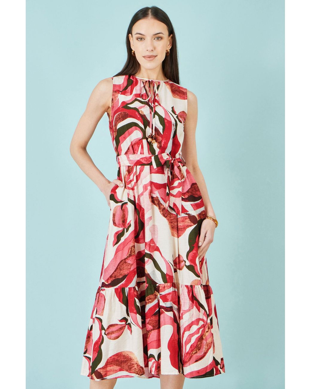 Yumi' Red Viscose Swirl Print Midi Dress
