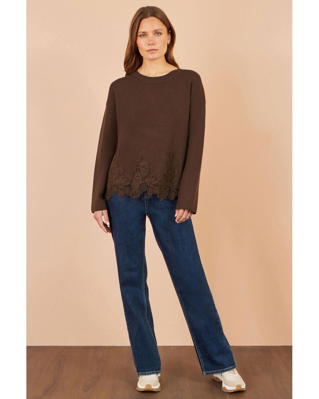 Yumi' Brown Viscose Relaxed Jumper With Lace Trim