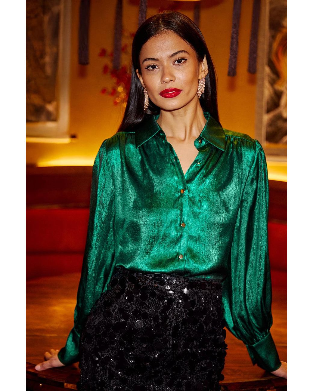 Yumi' Blue Metallic Relaxed Balloon Sleeve Shirt