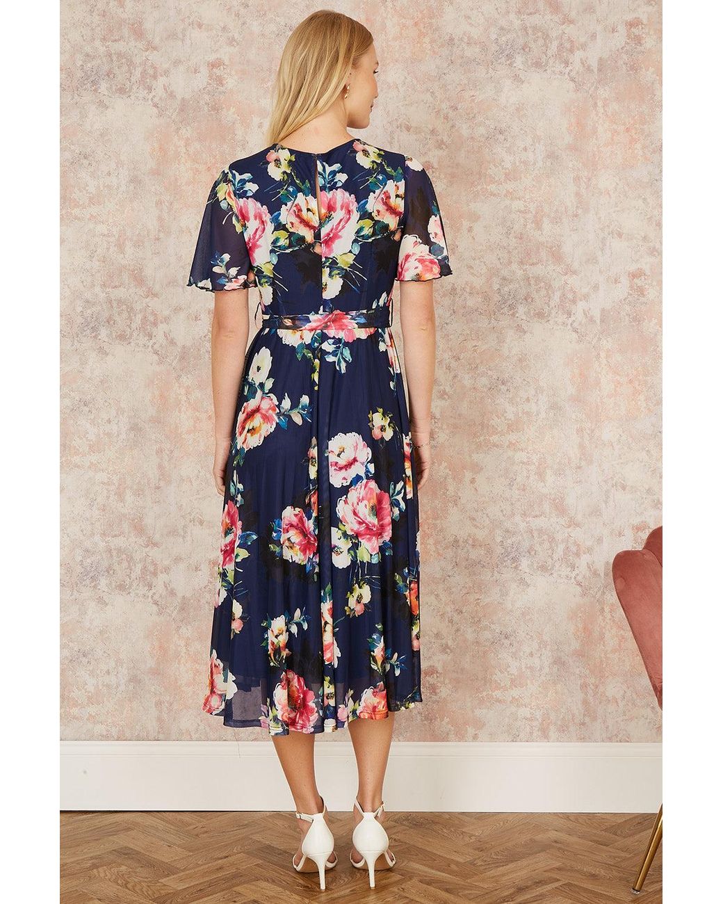 Yumi' Blue Mesh Floral Print Midi Dress With Angel Sleeves