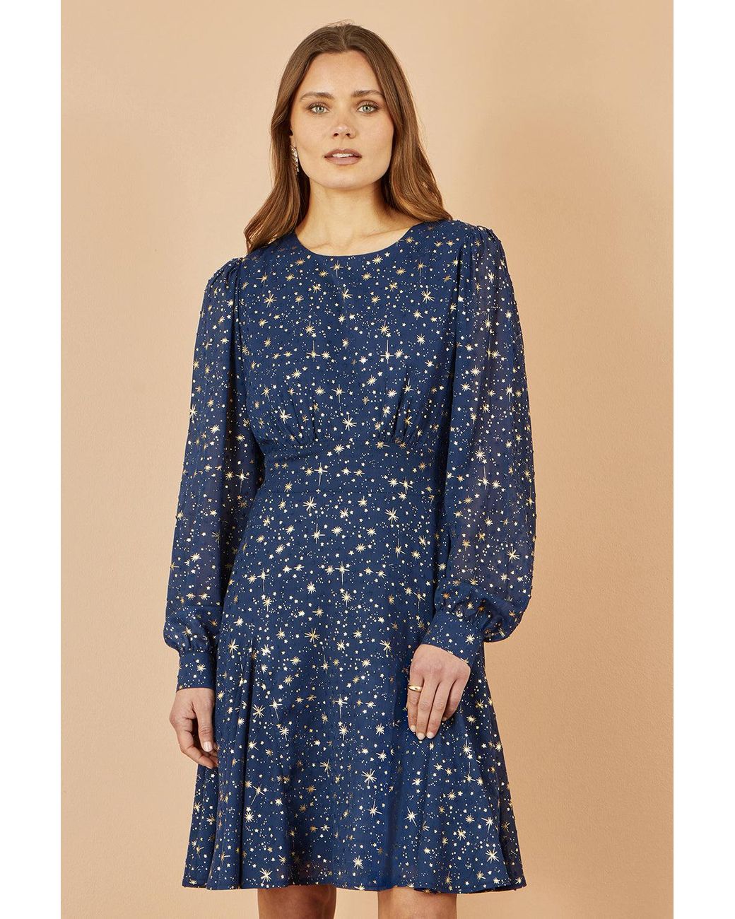 Yumi' Blue Star Print Foil Long Sleeve Dress
