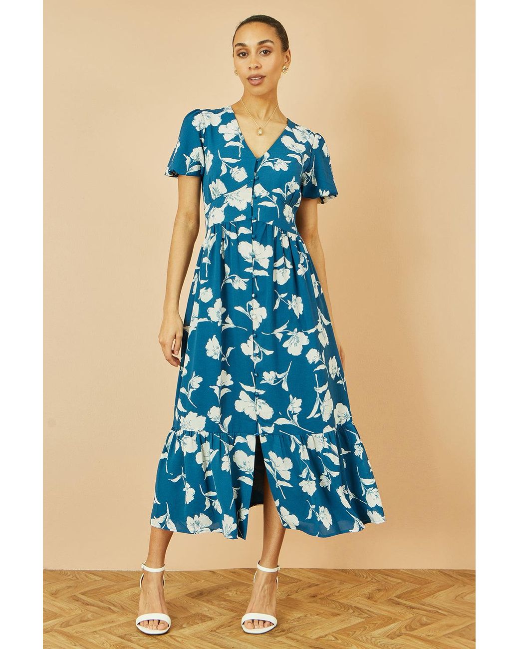 Yumi' Blue Floral Button Down Floral Midi Dress