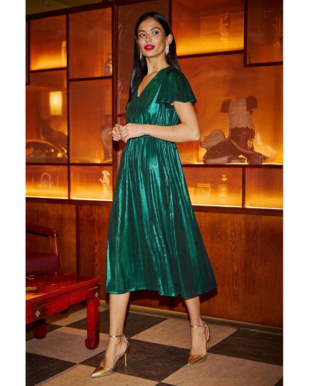 Yumi' Orange Metallic Ruched Midi Dress