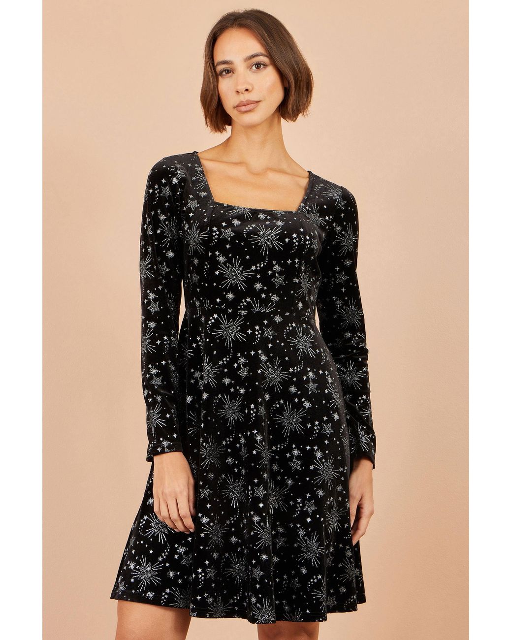 Yumi' Black Starburst Foil Print Long Sleeve Skater Dress