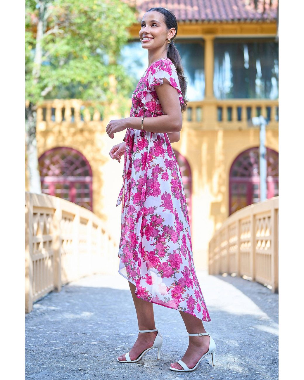 Yumi' Blue Floral Wrap Dress With Dipped Hem