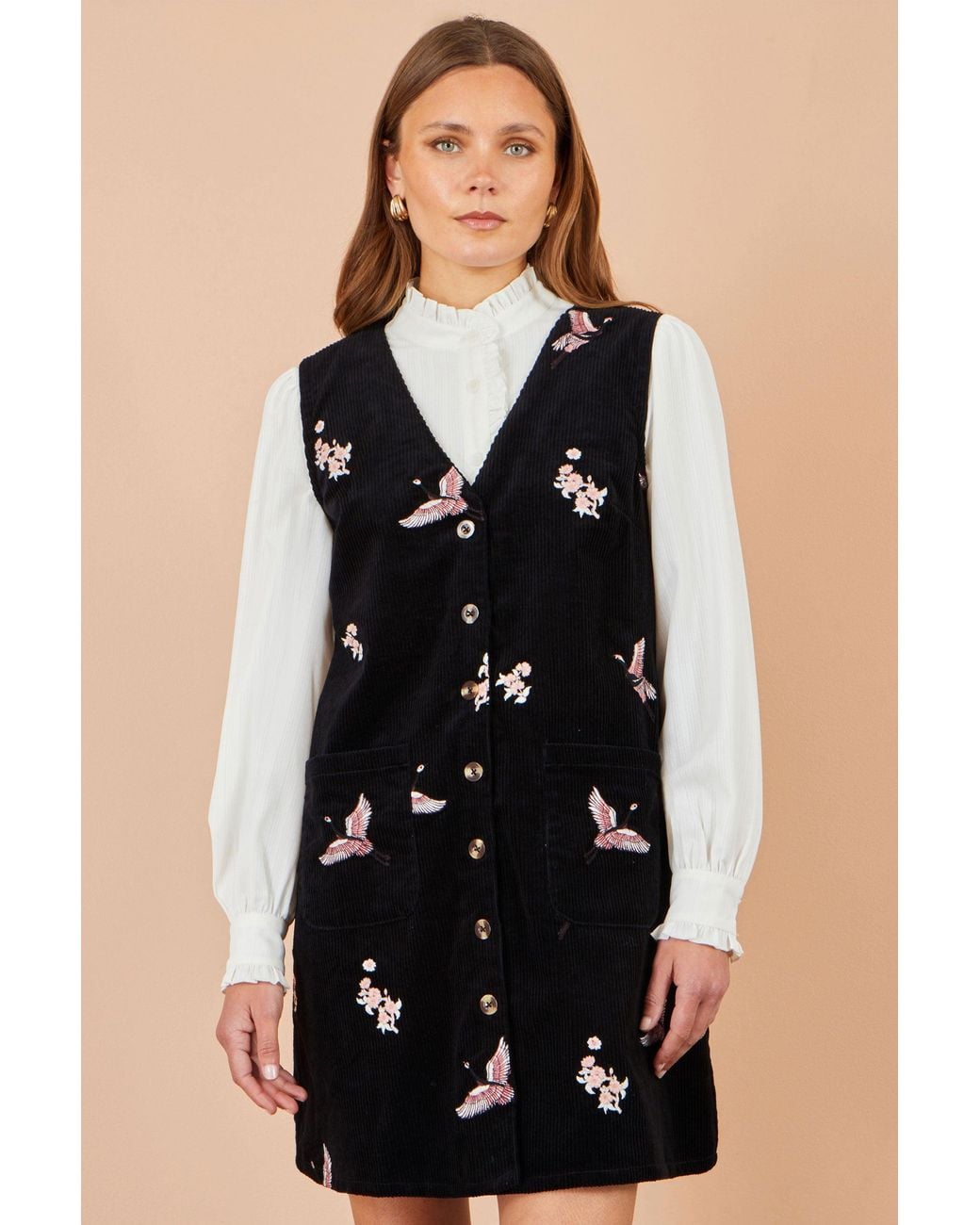 Yumi' Black Crane Embroidery Button Up Pinafore Dress