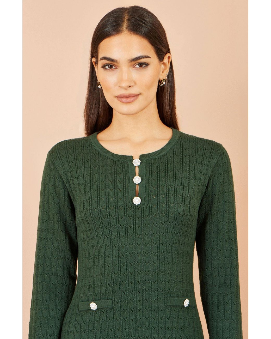 Yumi' Green Viscose Knitted Midi Dress With Buttons