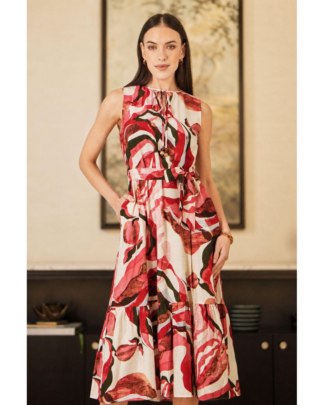 Yumi' Red Viscose Swirl Print Midi Dress