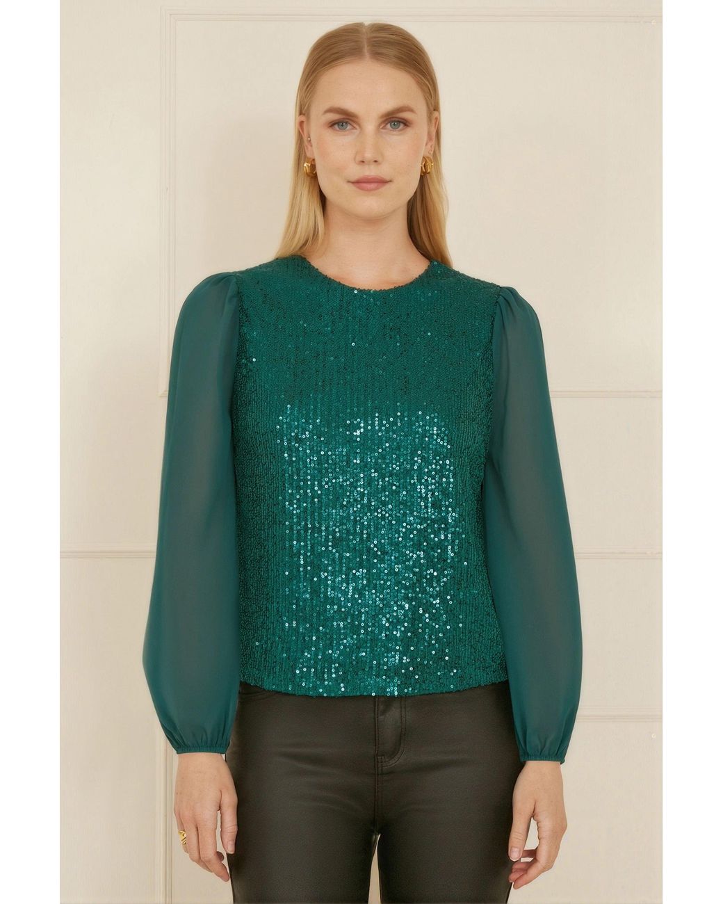 Yumi' Green Sequin Sheer Sleeve Top