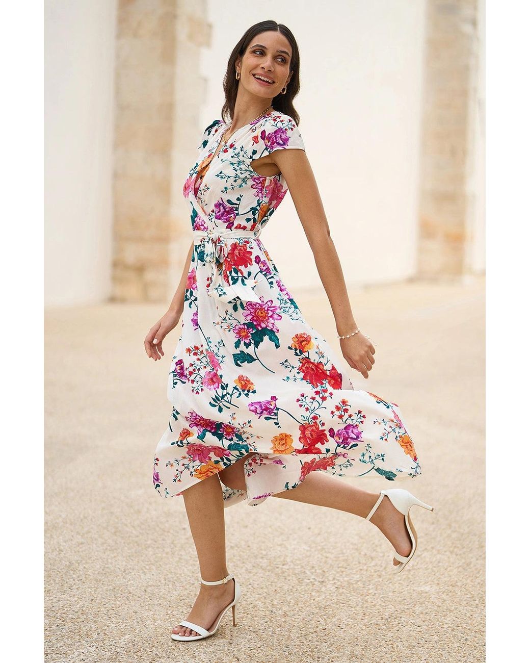 Yumi' Pink Flower Print Wrap Midi Dress