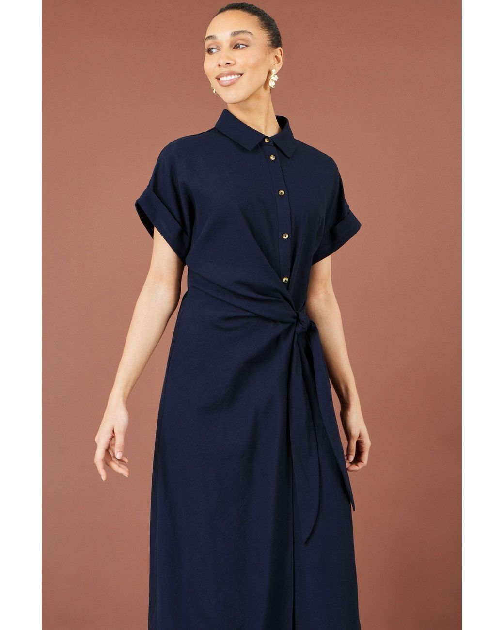 Yumi' Blue Wrap Tie Midi Shirt Dress