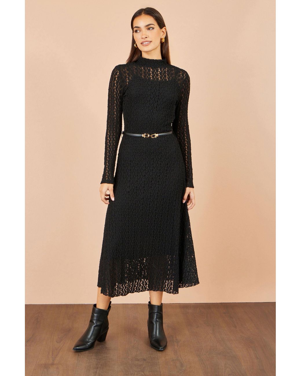 Yumi' Black High Neck Lace Midi Dress