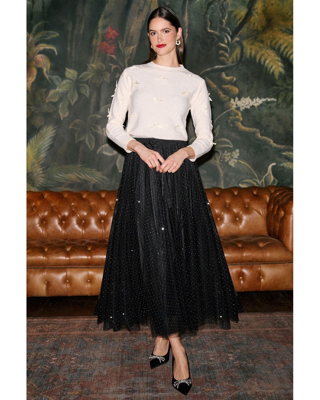 Yumi' Black Diamonte Tulle Midi Skirt