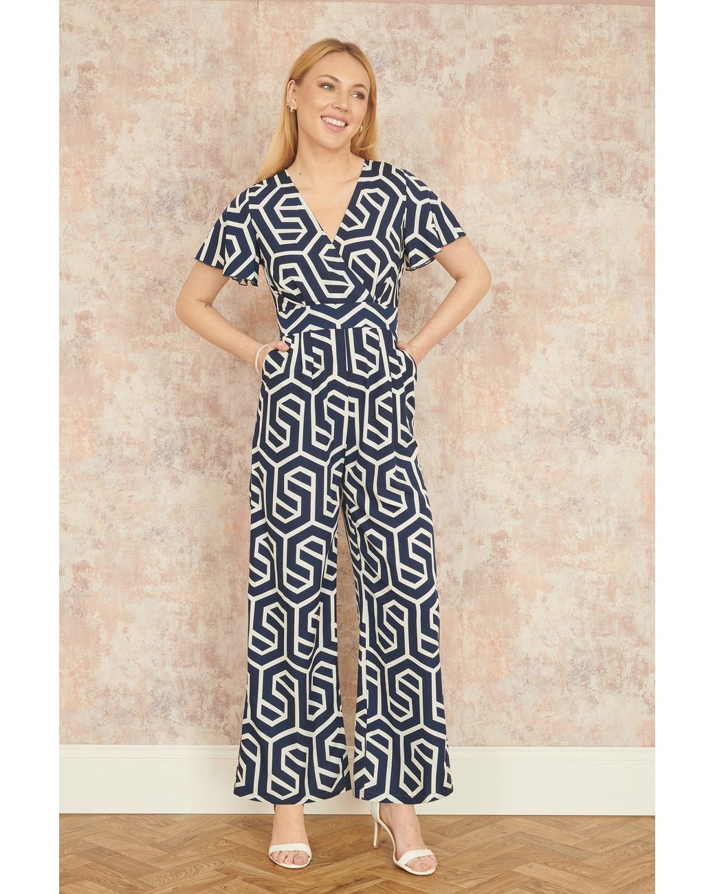 Yumi' Blue Oversize Geo Print Jumpsuit