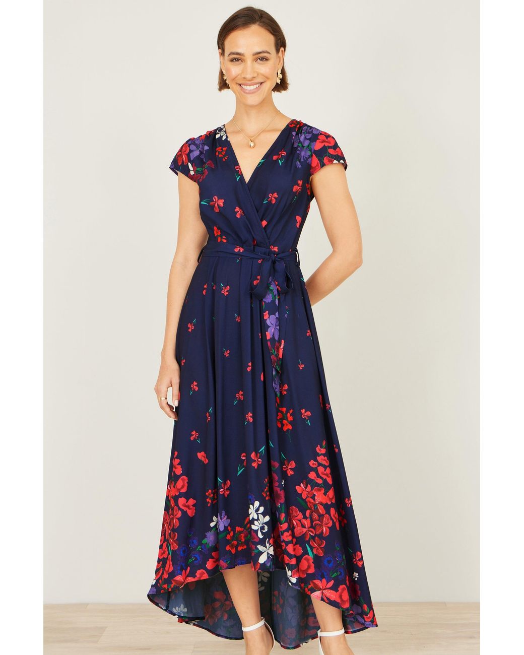 Yumi' Blue Floral Mirror Wrap Dress With Dip Hem