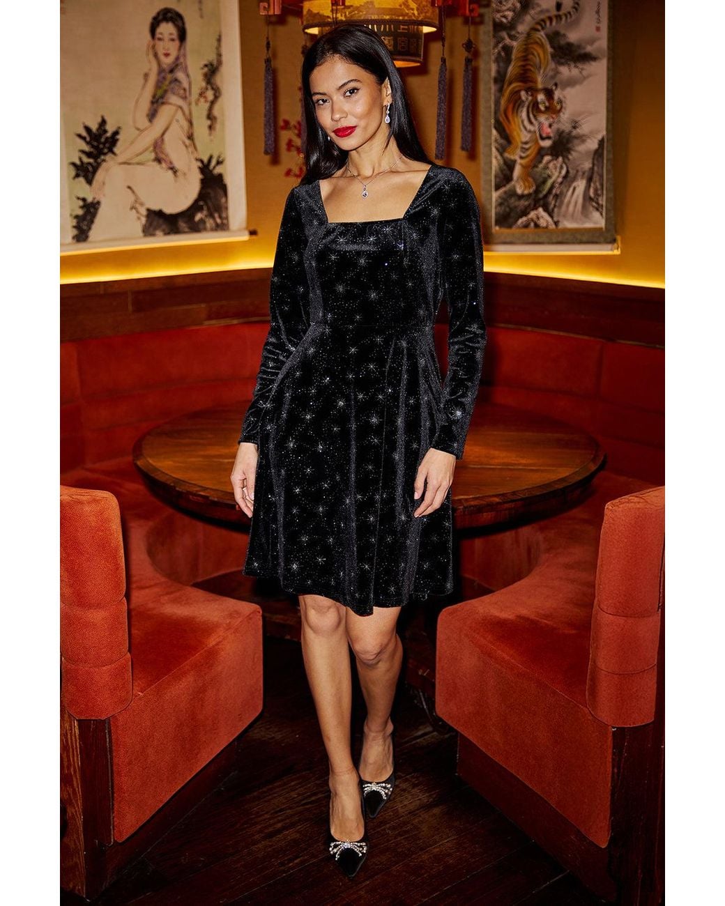 Yumi' Black Starburst Foil Print Long Sleeve Skater Dress