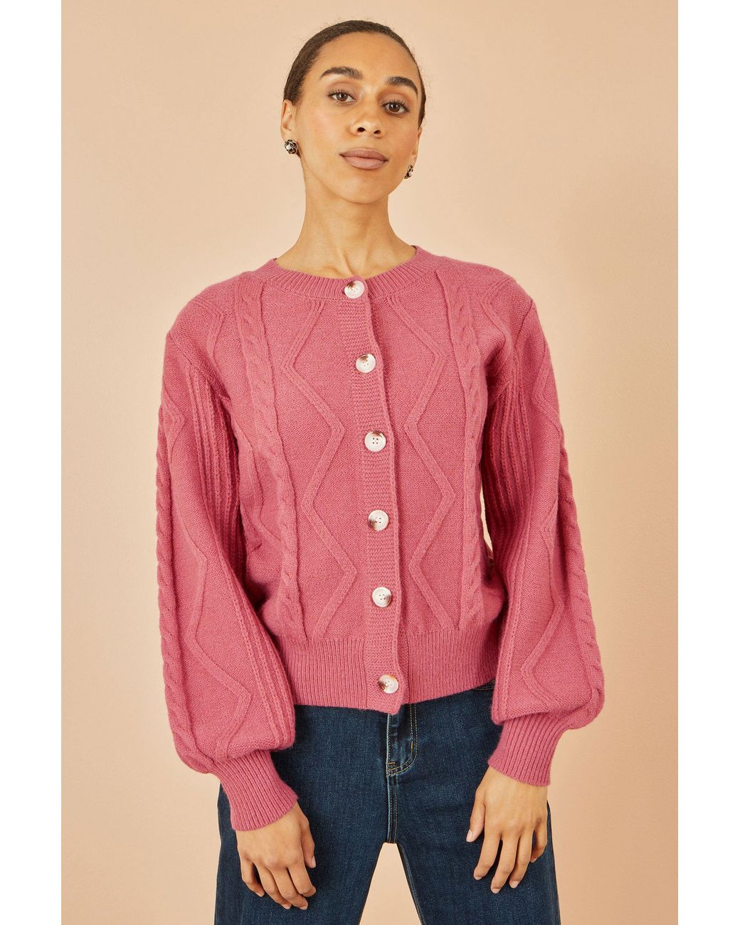 Yumi' Pink Relaxed Fit Cable Cardigan