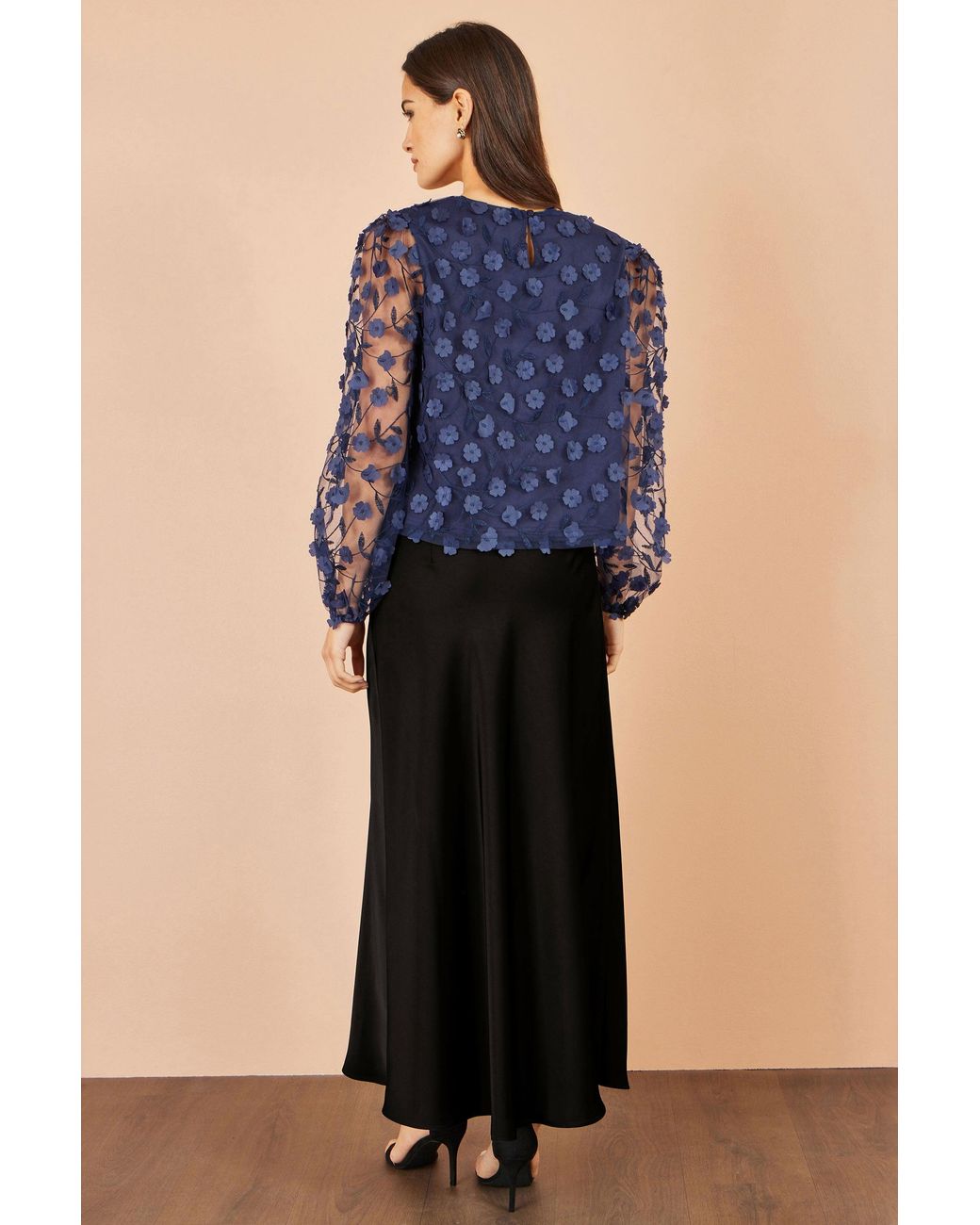 Yumi' Blue Sheer Sleeve Applique Flower Top