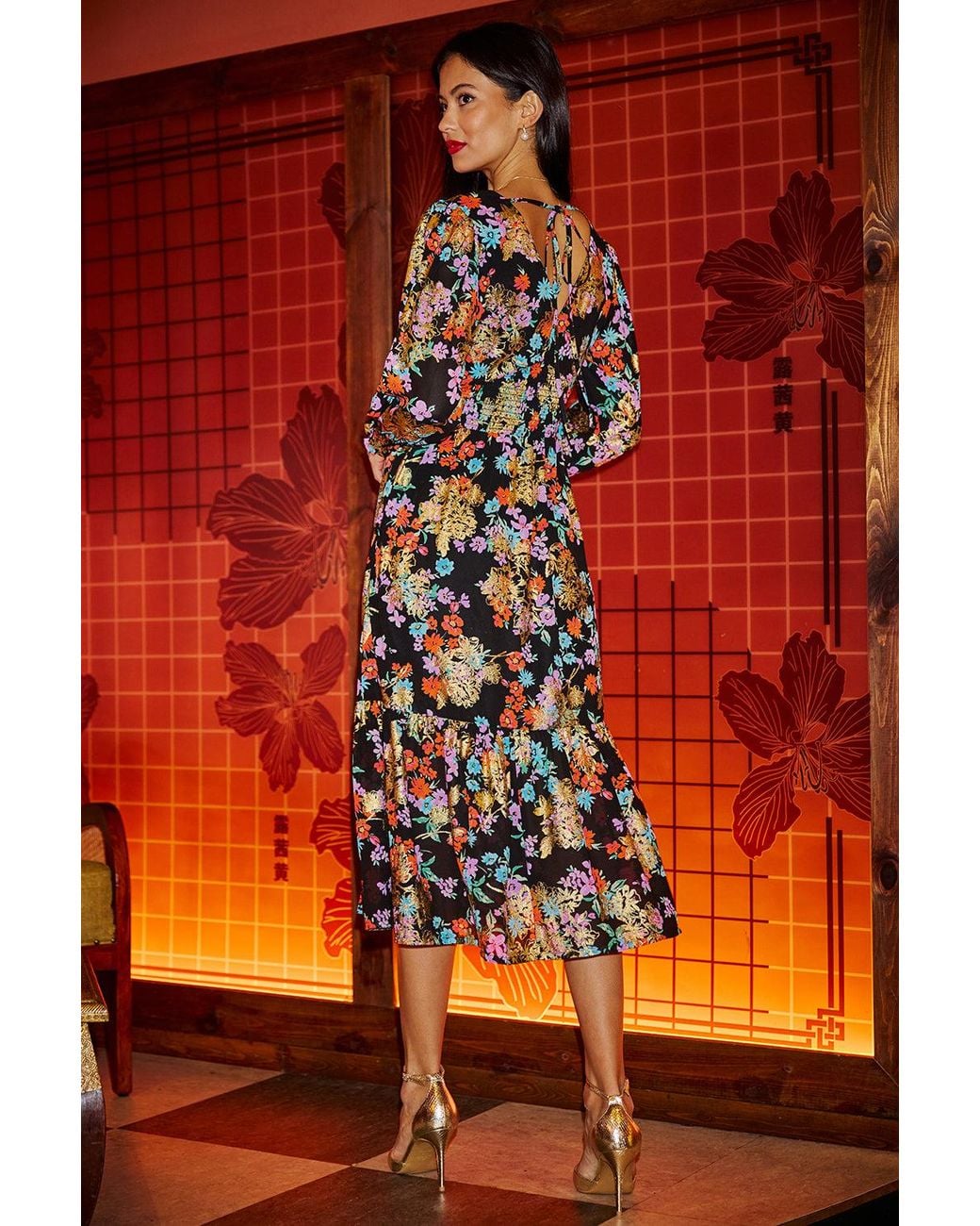 Yumi' Red Floral And Foil Ruched Midi Dress With Split Hemline