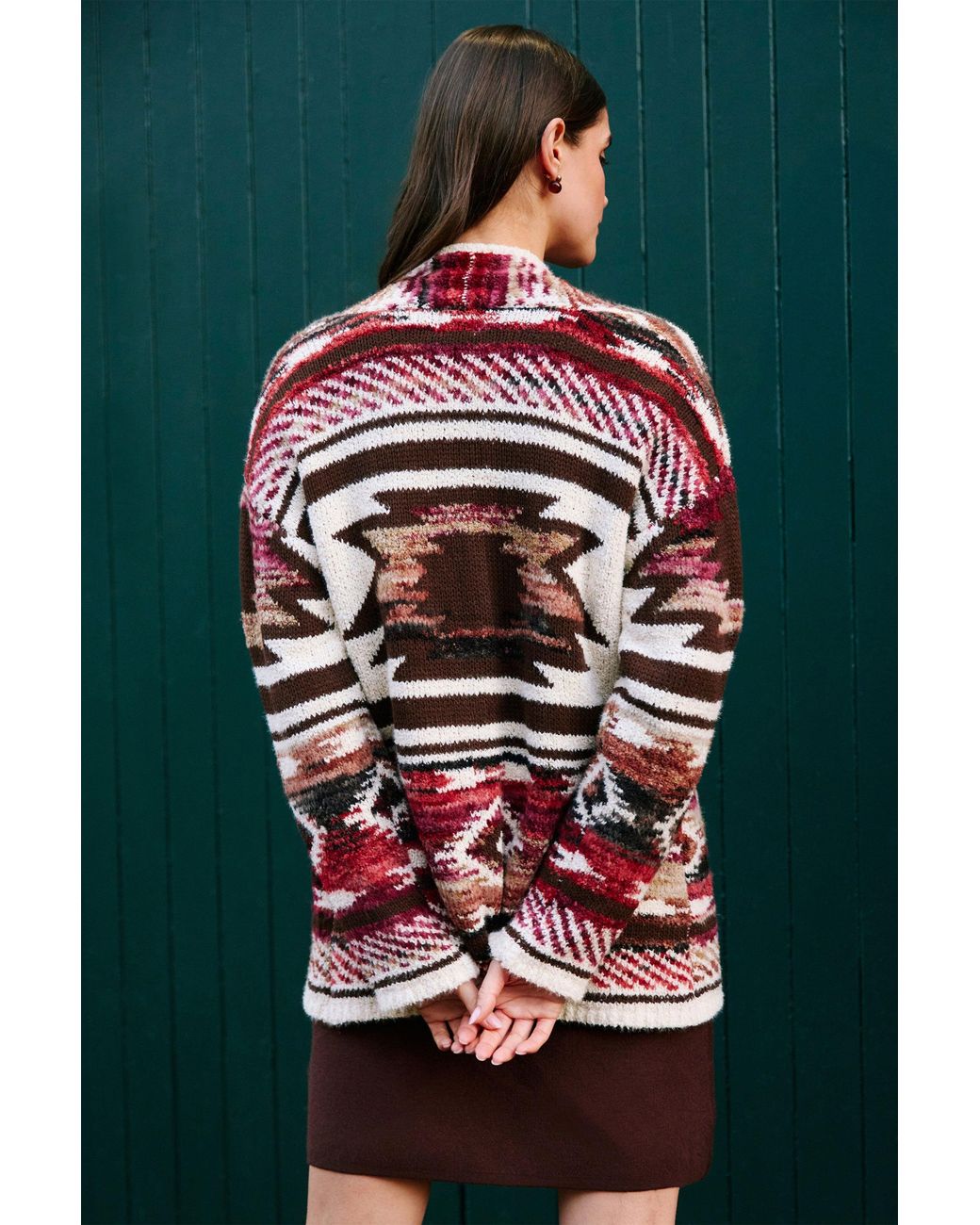 Yumi' Black Multicolour Aztec Boucle Open Cardigan