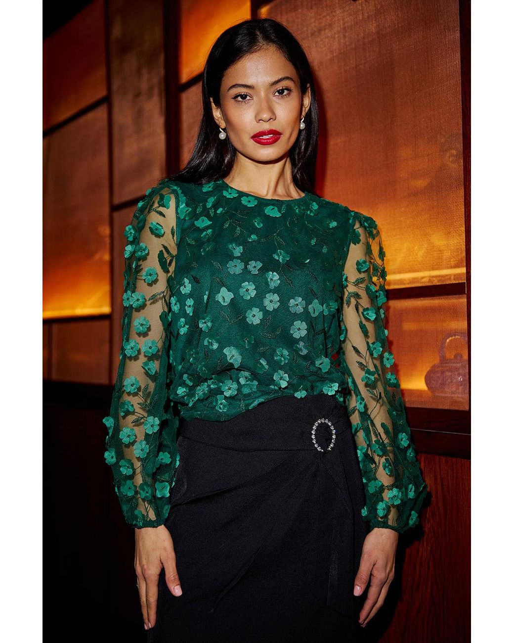 Yumi' Green Sheer Sleeve Applique Flower Top
