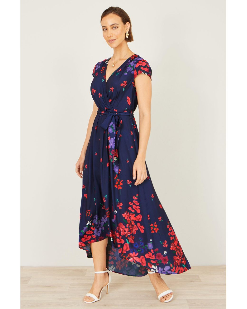 Yumi' Blue Floral Mirror Wrap Dress With Dip Hem
