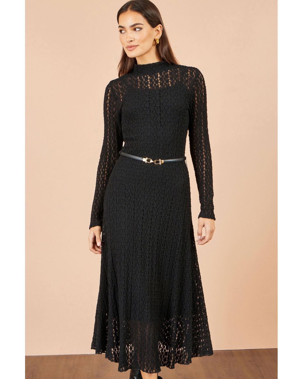 Yumi' Black High Neck Lace Midi Dress