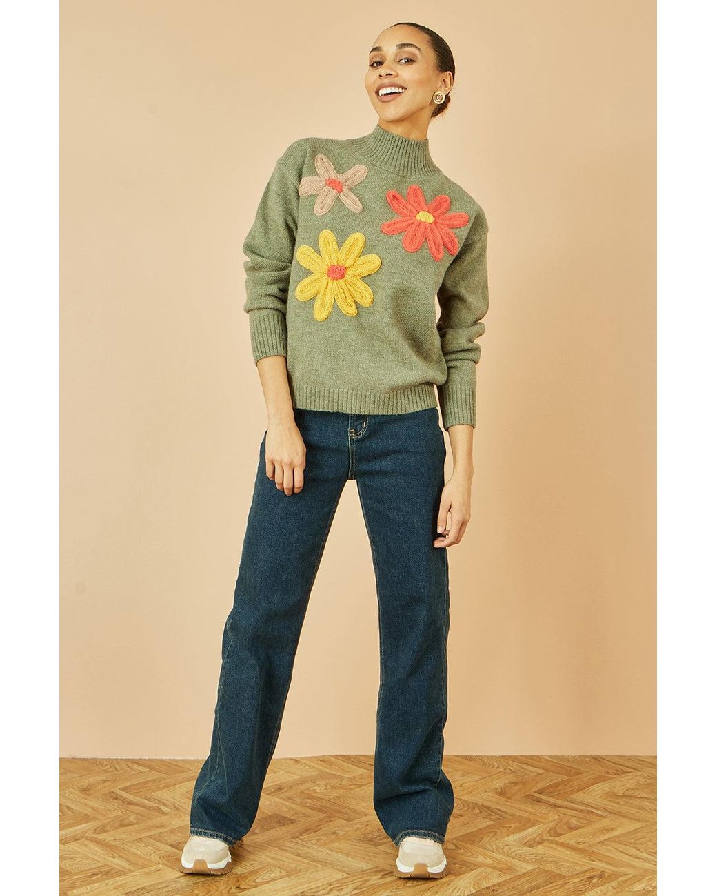 Yumi' Yellow Knitted High Neck Jumper With Applique Flowers