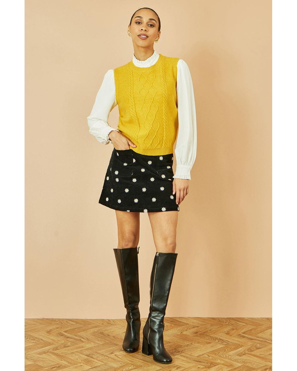 Yumi' Yellow Cable Knit Sleeveless Jumper