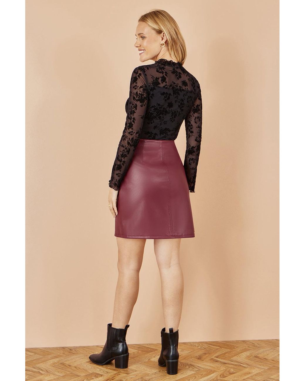 Yumi' Black Flocked Floral Stretch Mesh Top With Long Sleeves