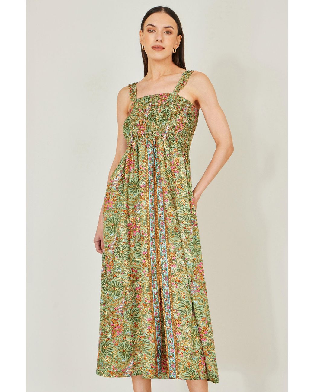 Yumi' Green Foil Palm Print Ruched Maxi Dress With Border Detail