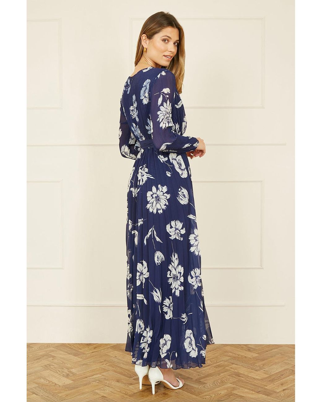 Yumi' Blue Floral Pleated Midi Wrap Long Sleeve Dress