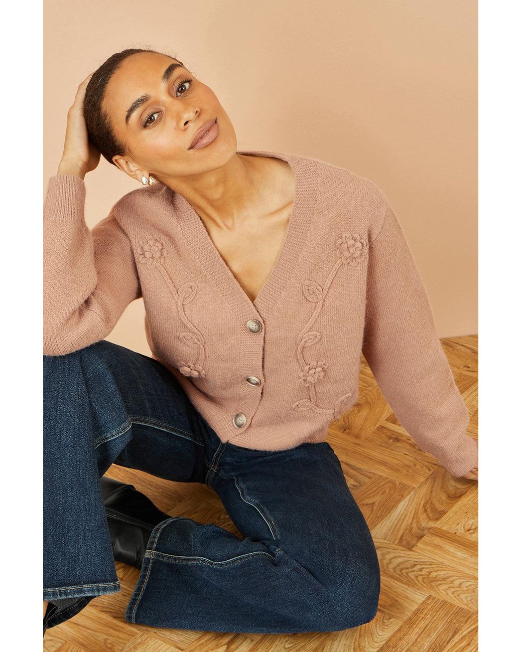 Yumi' Blue Floral Embroidered Relaxed Fit Cardigan
