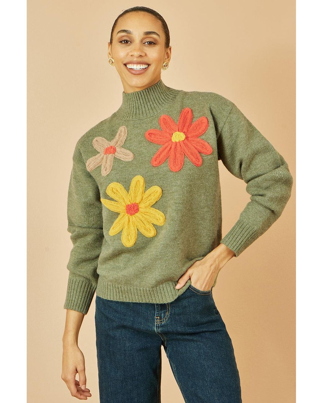 Yumi' Yellow Knitted High Neck Jumper With Applique Flowers