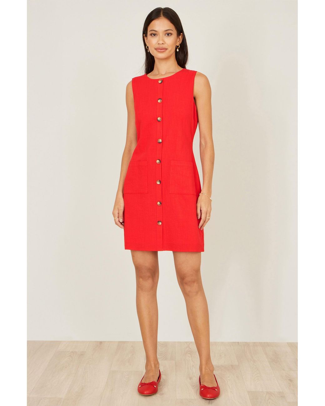 Yumi' Red Viscose Button Detail Shift Dress