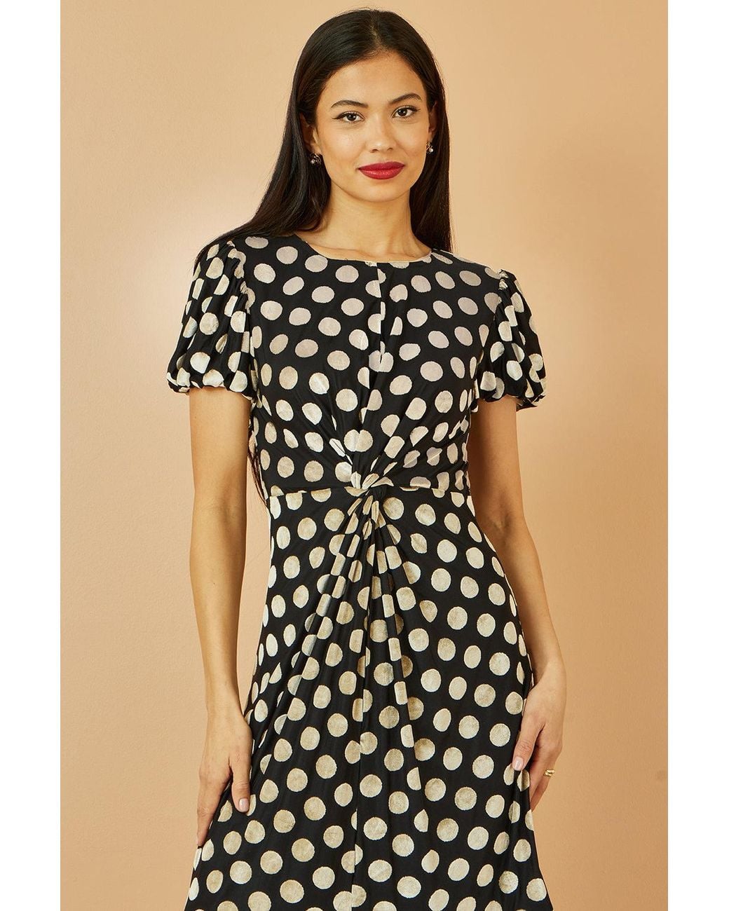 Yumi' Black Velvet Spot Print Twist Knot Waist Midi Dress