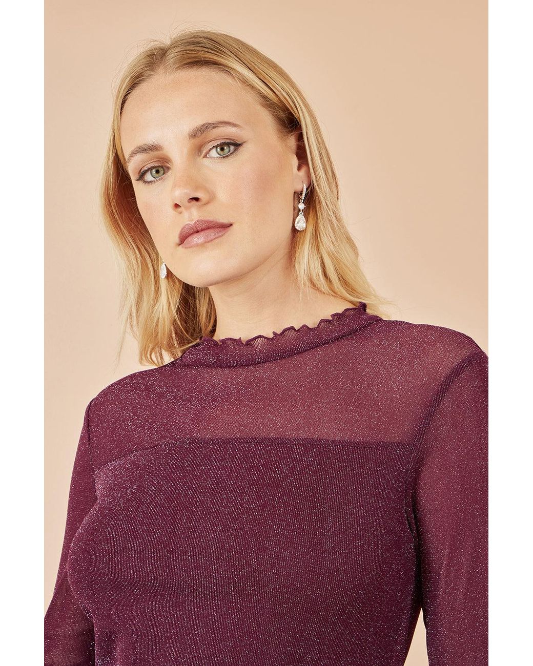 Yumi' Purple Shimmer Print Mesh Stretch Fitted Top