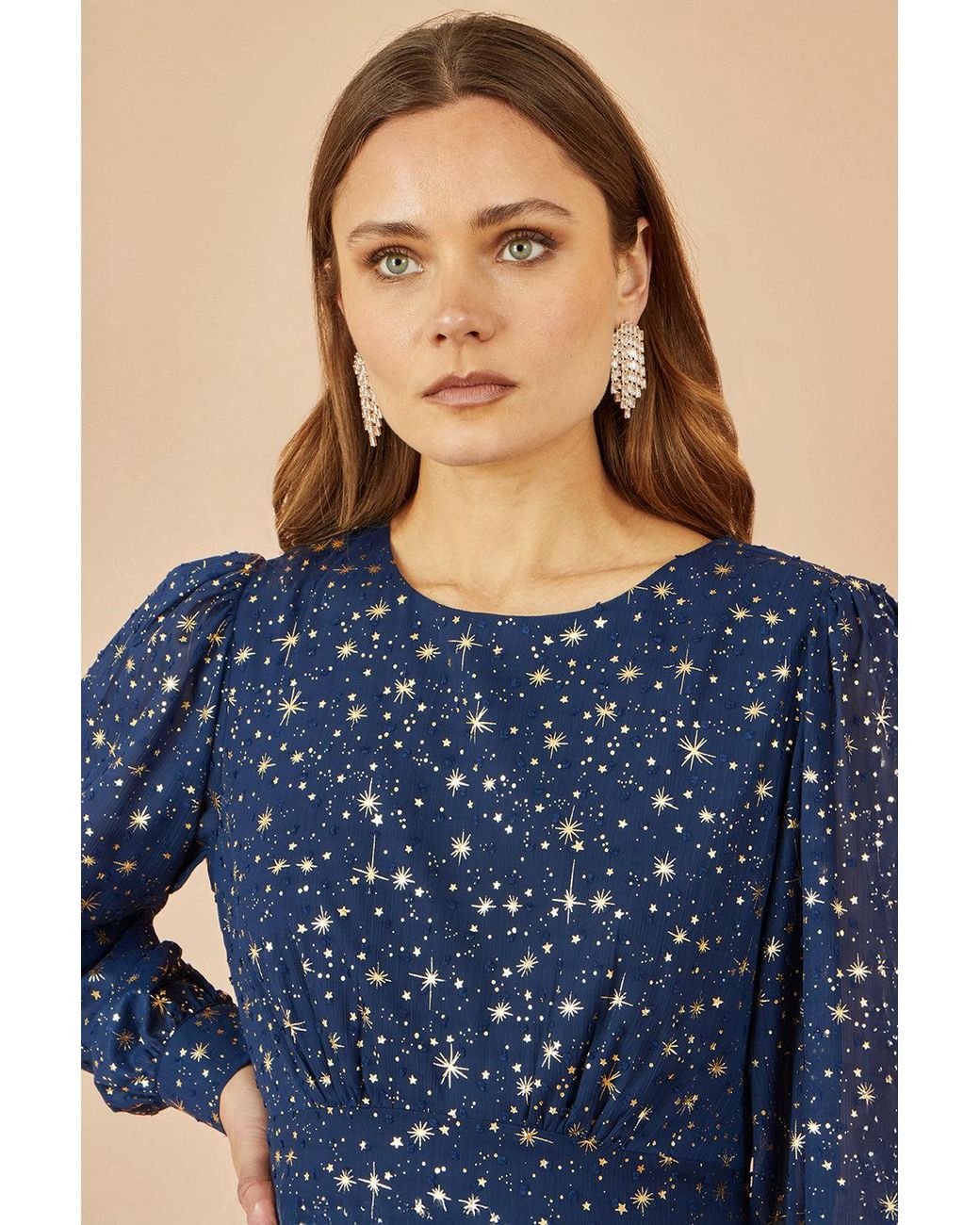 Yumi' Blue Star Print Foil Long Sleeve Dress