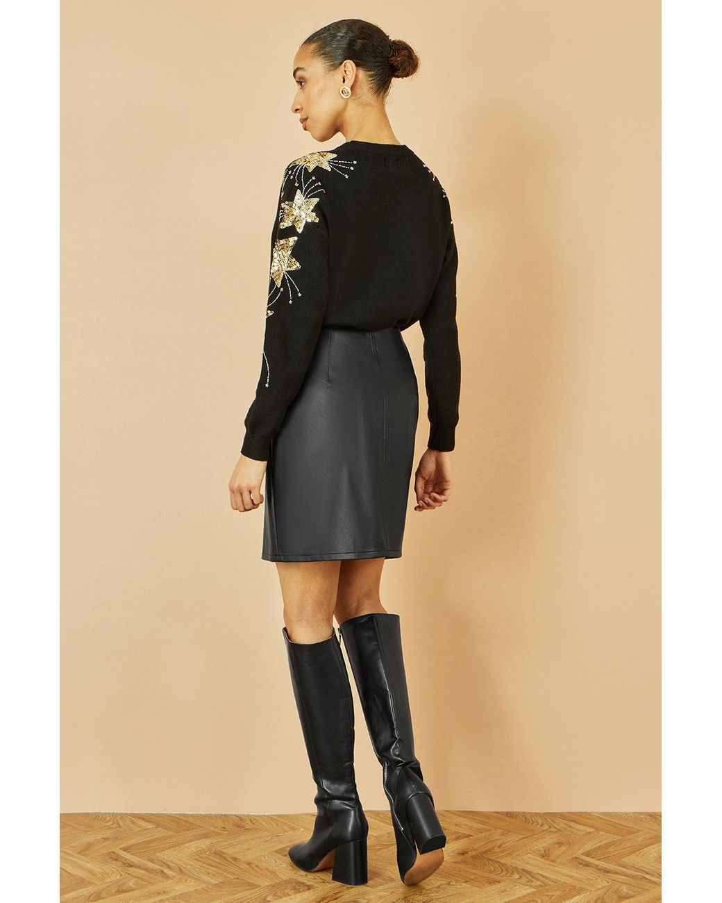 Yumi' Black Relaxed Fit Jumper With Sequin Star Sleeves
