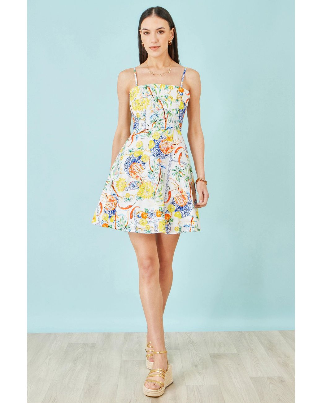 Yumi' Multicolor Mediterranean Print Cotton Mini Sun Dress