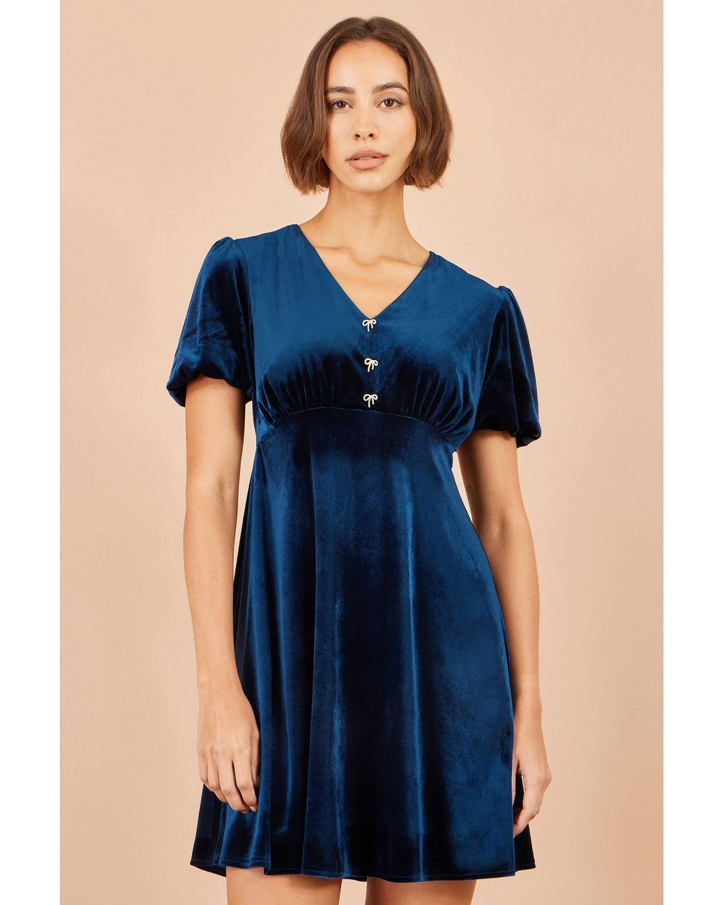 Yumi' Blue Velvet Skater Dress With Dimante Bow Detail