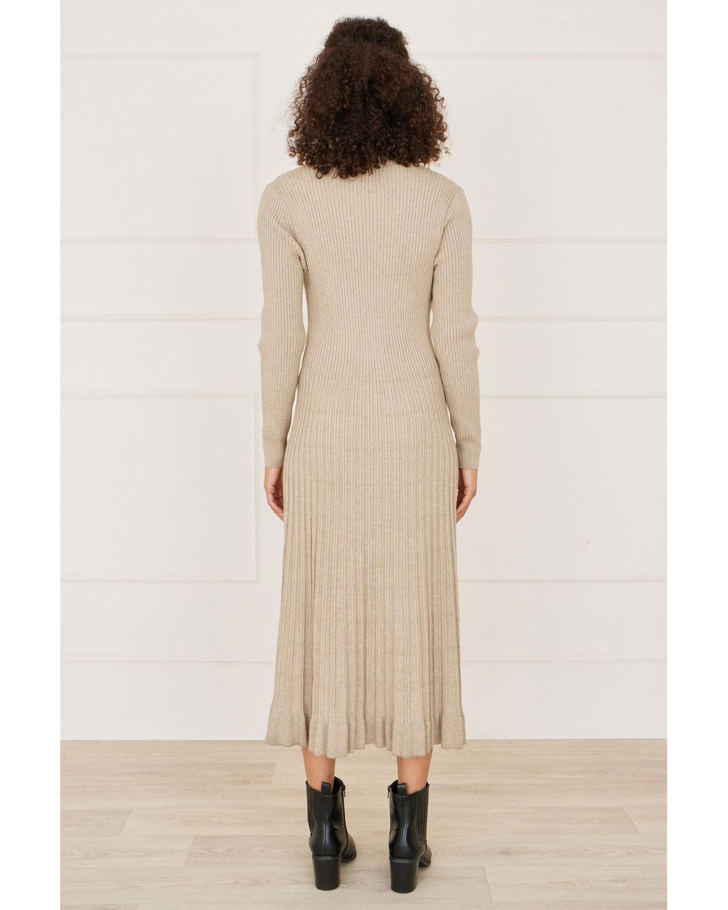 Yumi' Natural Viscose Knitted Midi Ribbed Dress