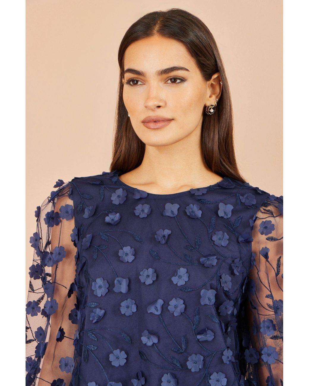 Yumi' Blue Sheer Sleeve Applique Flower Top