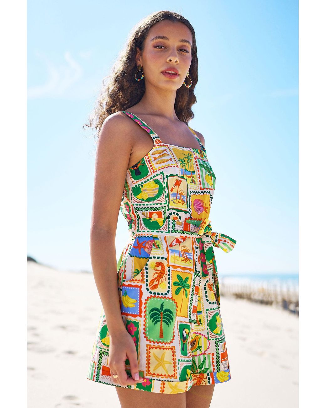 Yumi' Multicolor Multicolour Cotton Postcard Print Playsuit