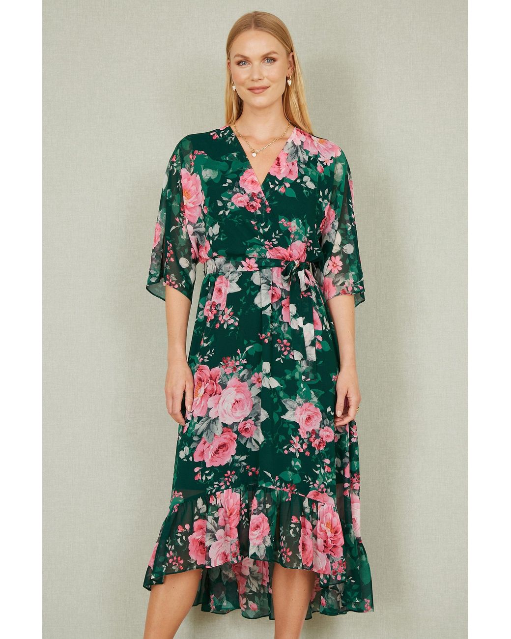 Yumi' Green Dark Kimono Sleeves Midi Dip Hem Wrap Midi Dress